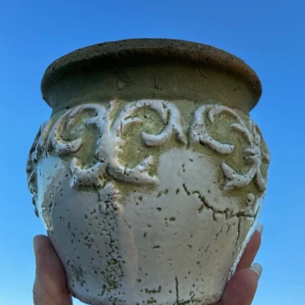 Old World Style Green and White Ceramic Vase